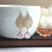 Paisley Filigree Chandelier Ice Pink Gold Drop Dangle Earrings, Bridesmaid Earrings
