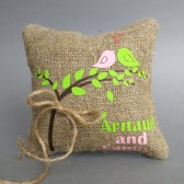 Wedding rustic natural Burlap linen Ring Bearer Pillow Pink and Green Birds and green leaves on Brown tree and linen rope