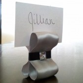 Ribbon Escort Card Holder - Silver & Black with Gem