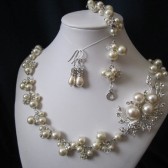 JULIE SET wedding jewelry, bridal jewelry set, pearl necklace, bracelet, earrings, swarovski pearls, rhinestones brooch, wedding necklace