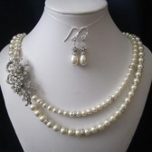 ELISA double strand wedding, bridal jewelry, wedding necklace, bridal necklace, pearl necklace earrings, swarovski pearls rhinestones brooch