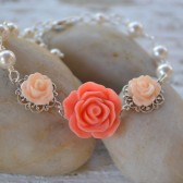 Bright Coral and Peach Rose Bracelet with White Swarovski Pearls.