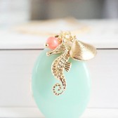 Nautical Seahorse & Sea Shell Charms Necklace with Ocean Mint Enamel Locket