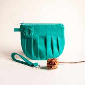 Pleated Cosmetic Clutch, Wristlet, Bridesmaid Gift Idea, Green Turquoise Rosebud, Bridal Wedding Wristlet, Clutch by Lolos