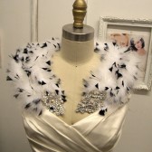 Izabella Feather White with Black Accent Crystal Wedding Bolero Jacket, Shrug
