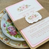 Burlap Pink Champagne Blush English Rose Wedding Invitation Set