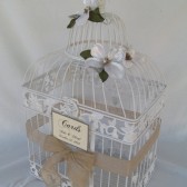 White Bird Cage With Burlap Ribbon and Sparkly Flowers