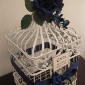 White Birdcage Wedding Card Holder With Navy Blue Rose and Hydrangeas