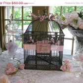 Shabby Chic Birdcage Wedding Card Holder Black & Gold With Pink Berries