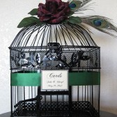 Black & Gold Bird Cage Wedding Card Holder With Peacock Feather