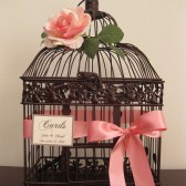 Brown Bird Cage Wedding Card Holder With Coral Rose