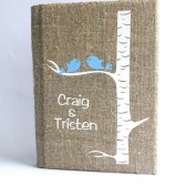 Wedding rustic old style photo album burlap Linen Bridal shower anniversary Blue birds on white birch tree