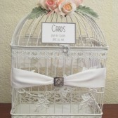 Wedding Card Box / Rhinestone Brooch / White / Bird Cage Card Holder with Roses and dusty miller
