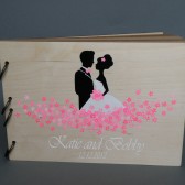 Wedding wooden guest book Hand painted Bridal shower engagement anniversary Book Groom and Bride with Fuchsia pink flowers