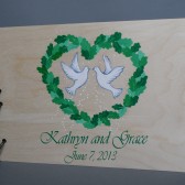 Wedding wooden guest book Hand painted Bridal shower engagement anniversary Book Love Doves inside of the leaf heart