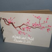 Wedding wooden guest book Hand painted Bridal shower engagement anniversary Book Sakura tree