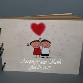Wedding wooden guest book Hand painted Bridal shower engagement anniversary Book This Love is Forever ( Boy and Girl with red heart baloons)