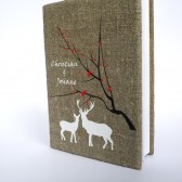Wedding rustic guest book burlap Linen Wedding guest book Bridal shower engagement anniversary Doe and Buck under red leaves tree