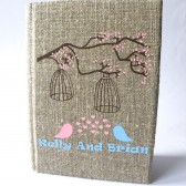 Wedding rustic guest book burlap Linen Wedding guest book Bridal shower engagement anniversary Blue and pink birds and birdcage