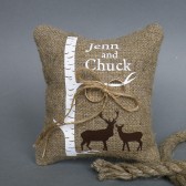 Wedding rustic natural linen Ring Bearer Pillow Two brown Deers and the Birch tree and linen rope