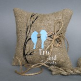 Wedding rustic natural linen Ring Bearer Pillow Blue Birds on brunch and linen rope