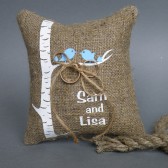 Wedding rustic natural linen Ring Bearer Pillow Blue birds on white birch tree and linen rope