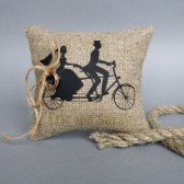 Wedding rustic natural linen Ring Bearer Pillow Blue birds on white birch tree and linen rope