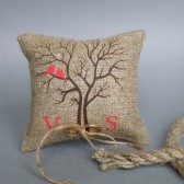Wedding rustic natural linen Ring Bearer Pillow Red Cardinals on the Tree and linen rope