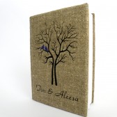 Wedding rustic guest book burlap Linen Wedding guest book Bridal shower engagement anniversary Purple Cardinals on the Tree