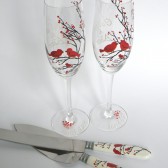 4 pc SET of Hand painted Wedding Toasting Flutes Champagne glasses and cake knives Red birds and baby bird on branch