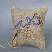Wedding rustic natural linen Ring Bearer Pillow Purple Birds on brunch and linen rope