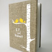 Wedding rustic guest book burlap Linen Wedding guest book Personalized Yellow Birds on white birch tree