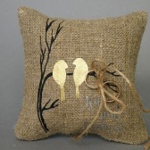 Wedding rustic natural linen Ring Bearer Pillow Gold Birds on brunch and linen rope