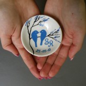 Hand painted Wedding Ring Pillow Alternative , Wedding Ring Dish Royal Blue birds on branch