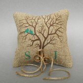 Wedding rustic natural linen Ring Bearer Pillow Green Birds on Brown tree and linen rope