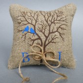Wedding rustic natural Burlap linen Ring Bearer Pillow Blue Birds on Brown tree and linen rope