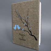 Wedding rustic old style photo album burlap Linen Bridal shower anniversary Light blue birds and blossoms on brunch