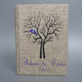 Wedding rustic guest book burlap Linen Wedding guest book Bridal shower engagement anniversary Purple birds and names and black tree