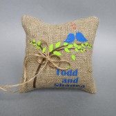 Wedding rustic natural Burlap linen Ring Bearer Pillow Royal Blue Birds and green leaves on Brown tree and linen rope