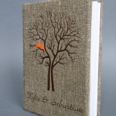 Wedding rustic guest book burlap Linen Wedding guest book Bridal shower engagement anniversary Orange birds on Brown tree