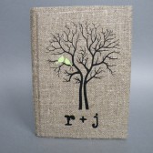 Wedding rustic guest book burlap Linen Wedding guest book Bridal shower engagement anniversary Mint green birds on black tree and initials