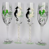 Hand painted Wedding Toasting Flutes Set of 4 Personalized Champagne glasses Black trees and Lime green birds, Black & White cats