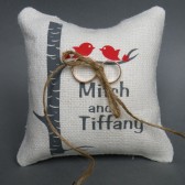 Wedding rustic natural linen Ring Bearer Pillow Red birds on Grey birch tree and linen rope