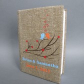 Wedding rustic guest book burlap Linen Wedding guest book Bridal shower engagement anniversary Blue, Orange birds on branch with red flowers