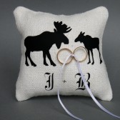 Wedding rustic natural linen Ring Bearer Pillow Black Moose shilluets and initials