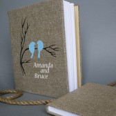 Wedding rustic old style photo album or scrapbook burlap Linen Bridal shower anniversary Blue birds on branch