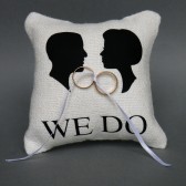 Wedding rustic natural linen Ring Bearer Pillow Black groom and bride shilluets