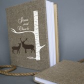 Wedding rustic old style photo album or scrapbook burlap Linen Bridal shower anniversary Doe and Buck under white birch tree