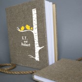 Wedding rustic old style photo album or scrapbook burlap Linen Bridal shower anniversary Gold Birds on white birch tree