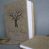 Wedding rustic old style photo album or scrapbook burlap Linen Bridal shower anniversary Purple birds and names and black tree     